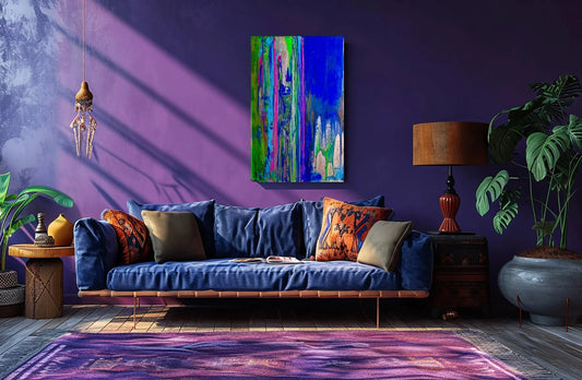 Image of original canvas wall, art abstract, neon painting to complement dark spaces.