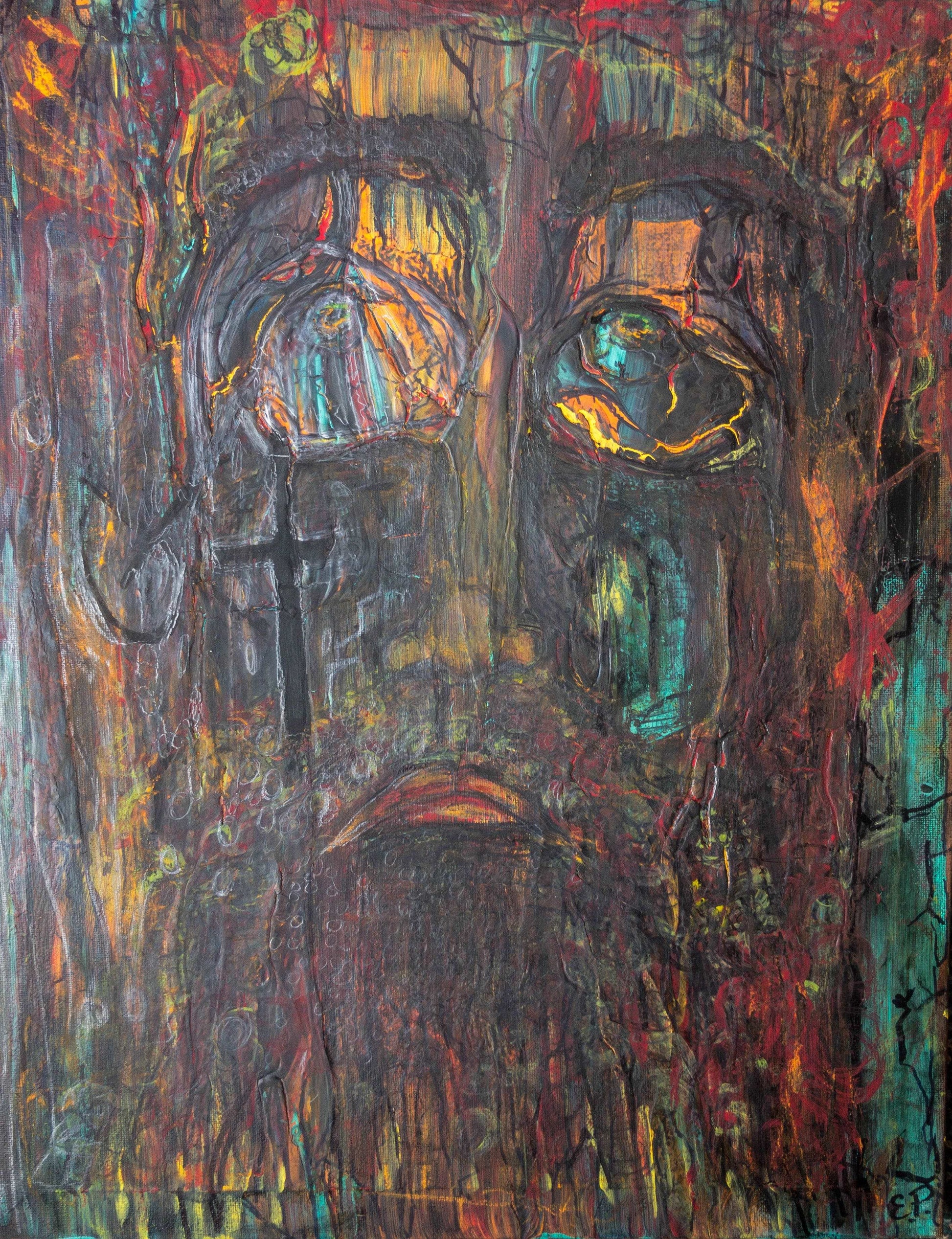 Forgiven - Sad Face, Religious, Mixed Media, Original, Canvas Painting by Art with Evie