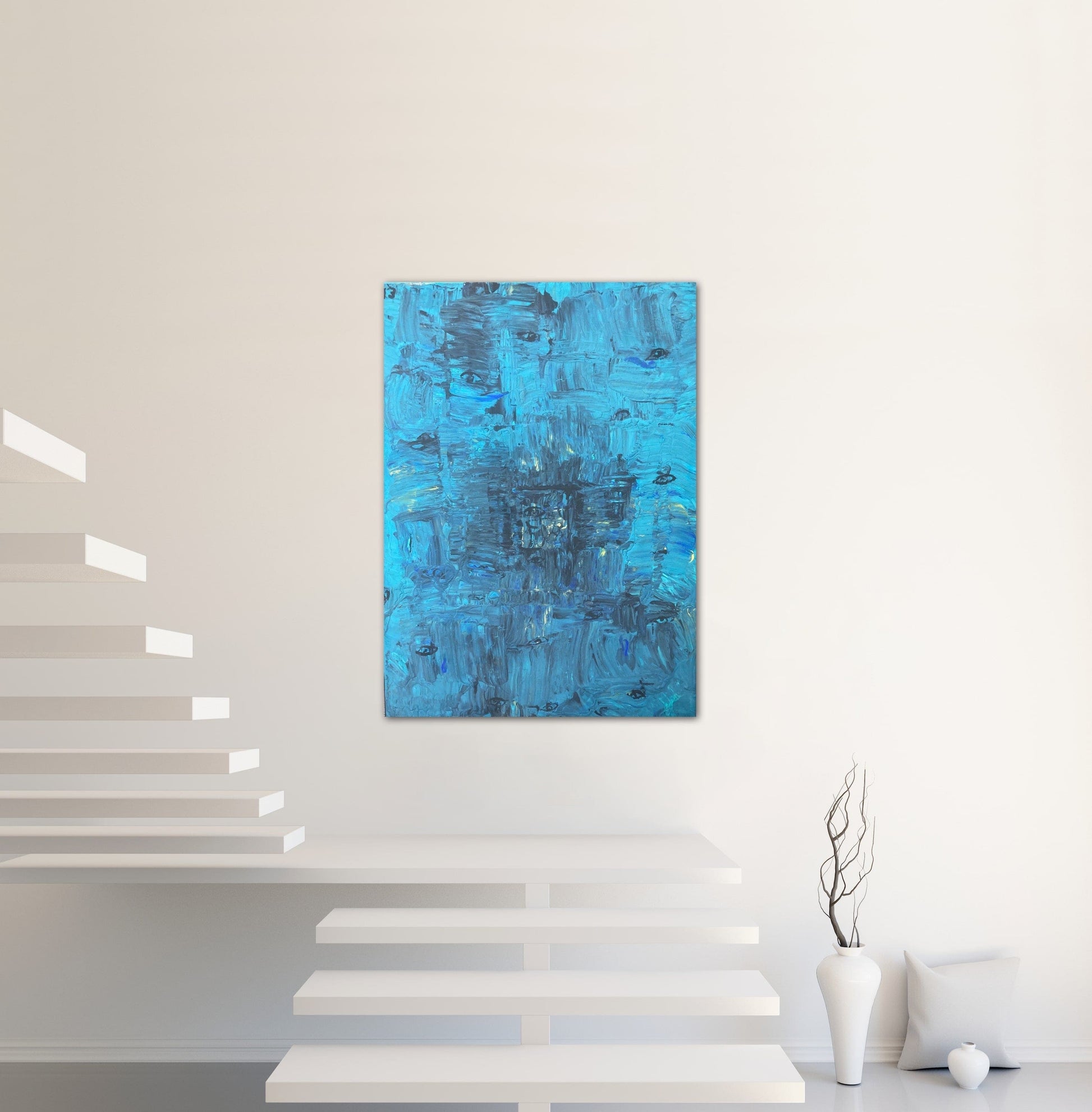 Window To My Soul - Large Textured, Blue Painting With Eyes And A Window, Acrylic Wall Art Design, By Art With Evie
