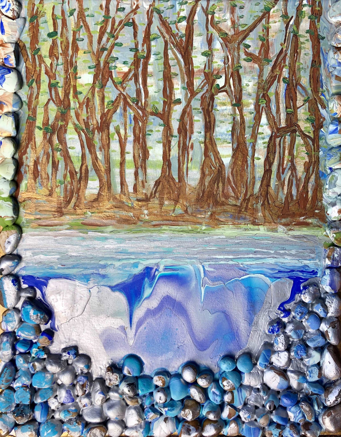 Serenity - Mixed Media Water And Trees, Nature Painting, With Rocks On A Canvas, by Art with Evie