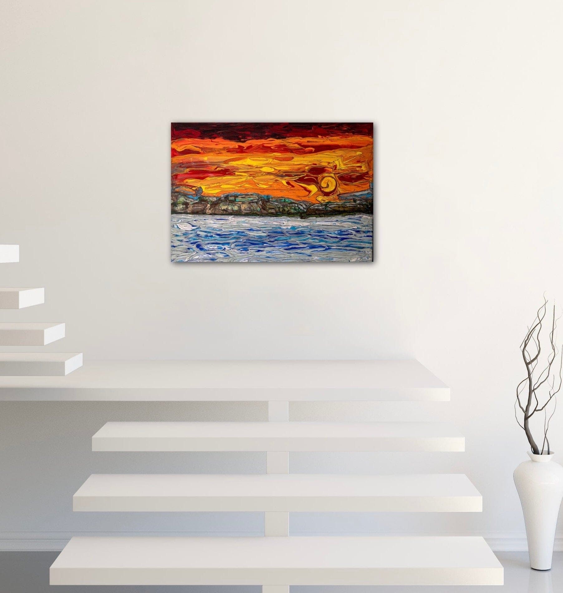 Under The Tuscan Sun - Small Size, Textured, Mixed Media Painting Of A Orange Sky, Sun, Land And Ocean/Lake, Original Design Wall Art, by Art With Evie