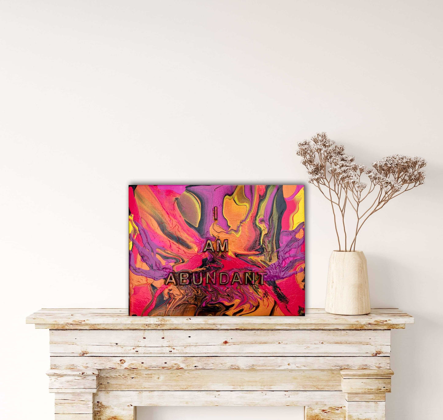 I Am Abundant - Bright Colored, 3D Affirmation Painting, With Wooden Block Letters, Flowing Design, by Art with Evie