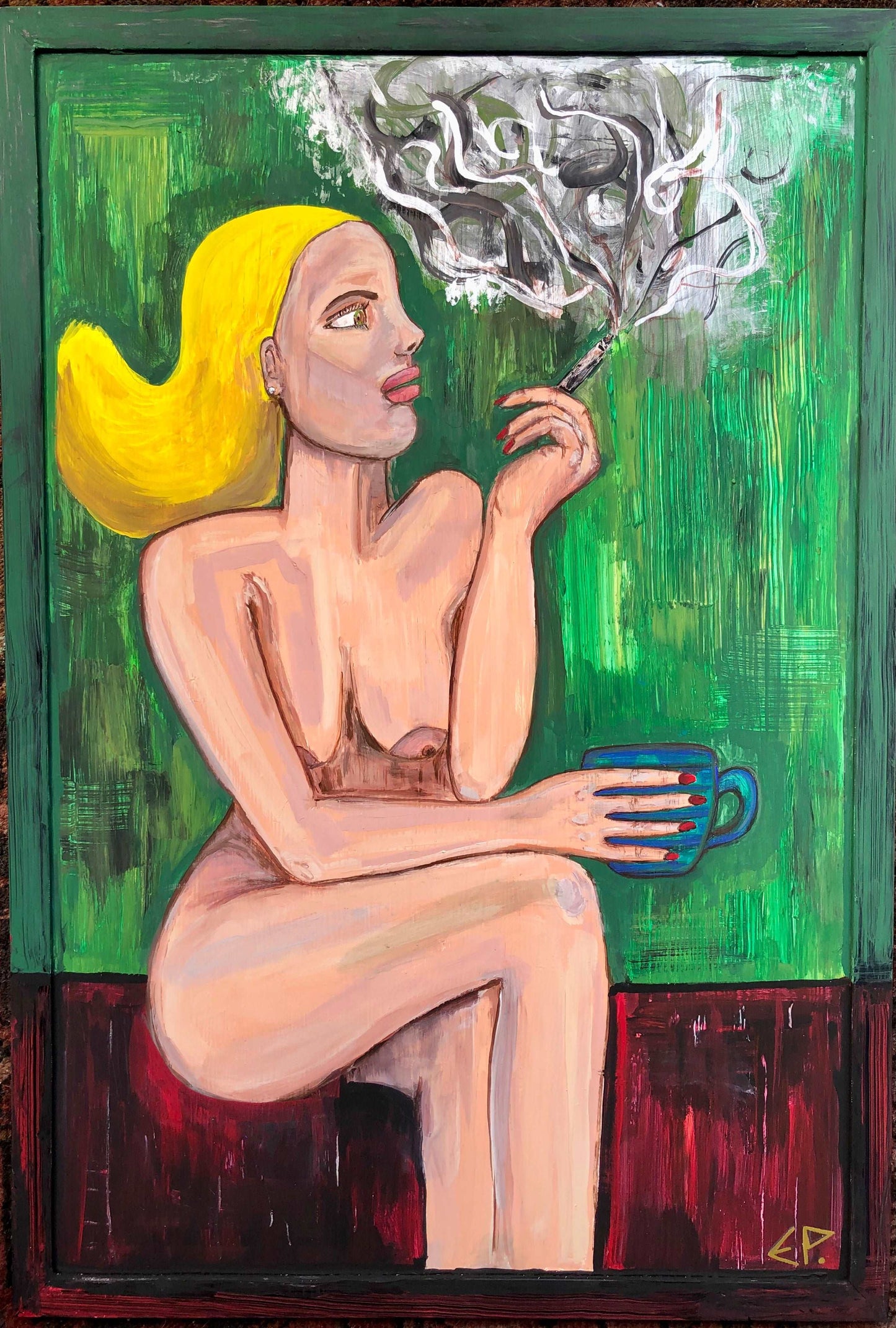 Girl Next Door - Large Framed Naked Blonde Woman Smoking, Original Painting by Art with Evie