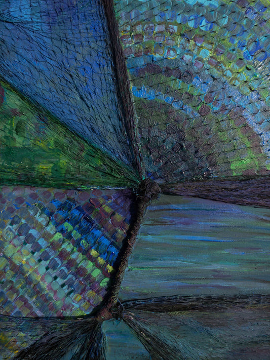 Peacock Pass - Small Size, Blue And Green, Peacock Coloured Design With Netting, On A Canvas, by Art With Evie