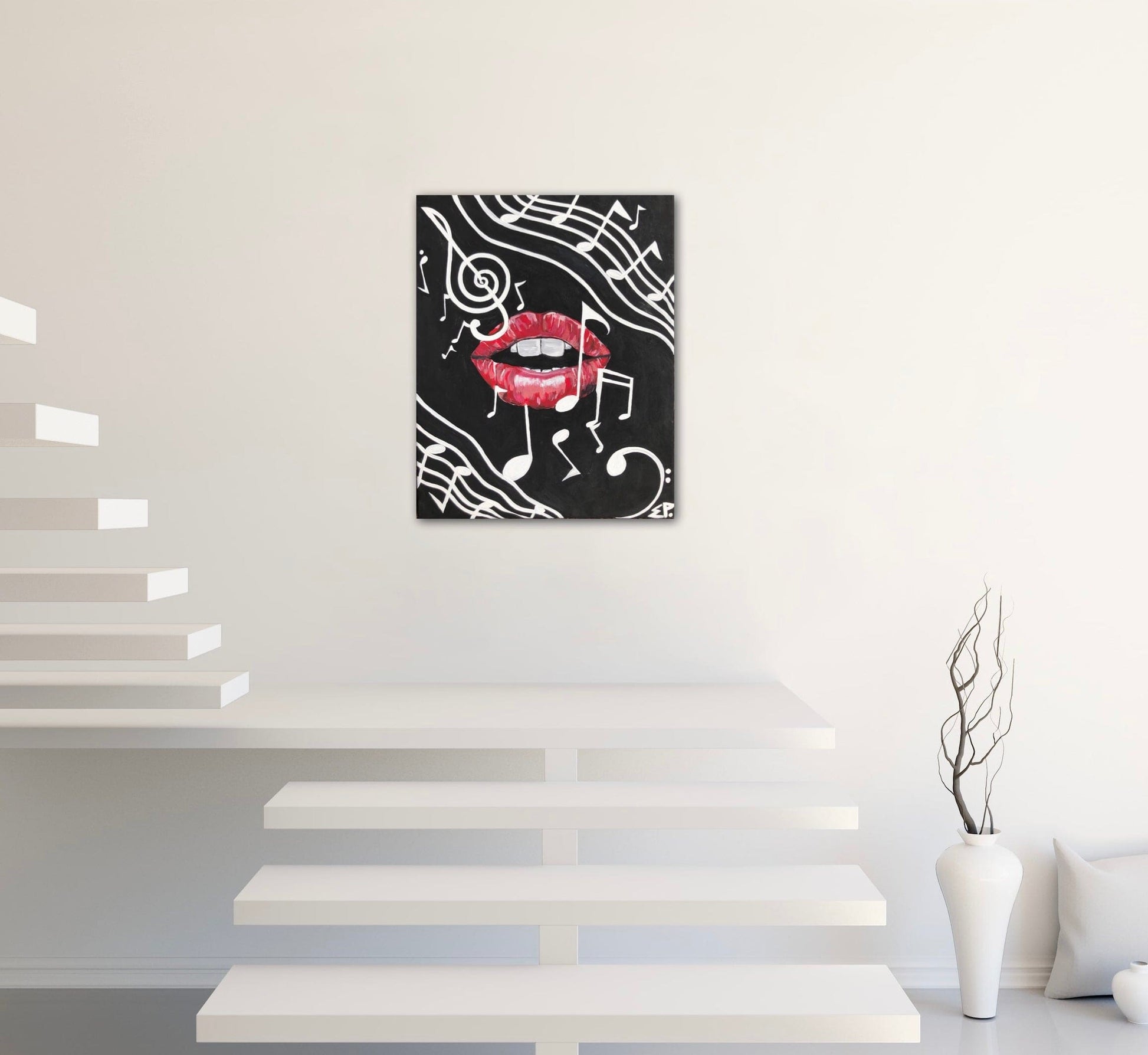 Music, my Love. - Medium Size, Acrylic Painting Of Lips Singing With Music Notes, Bold Wall Art Design, by Art with Evie